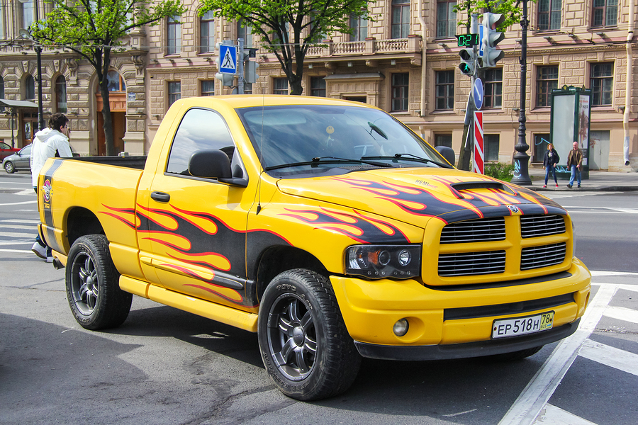 Saint Petersburg, Russia - May 25, 2013: Tuned pickup truck Dodge Ram in the city street. Stockfoto-ID: 303383653 Copyright: Artzzz